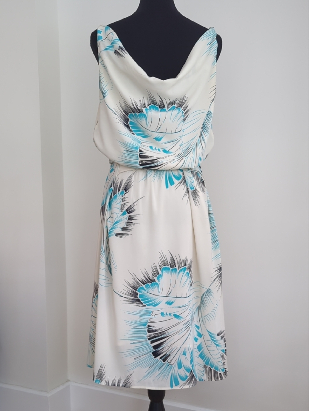 H&M Cream Shift Midi Dress with Turquoise and Black Floral Print